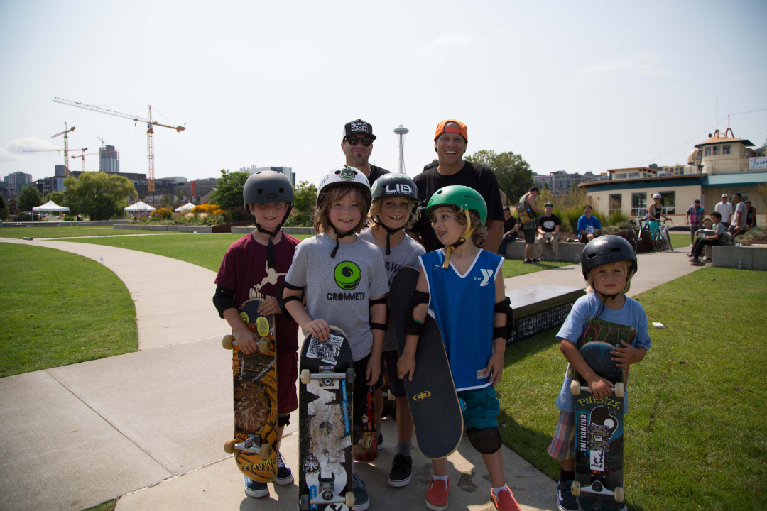 A group of young boys at the free skateboarding clinic at Innoskate in Seattle