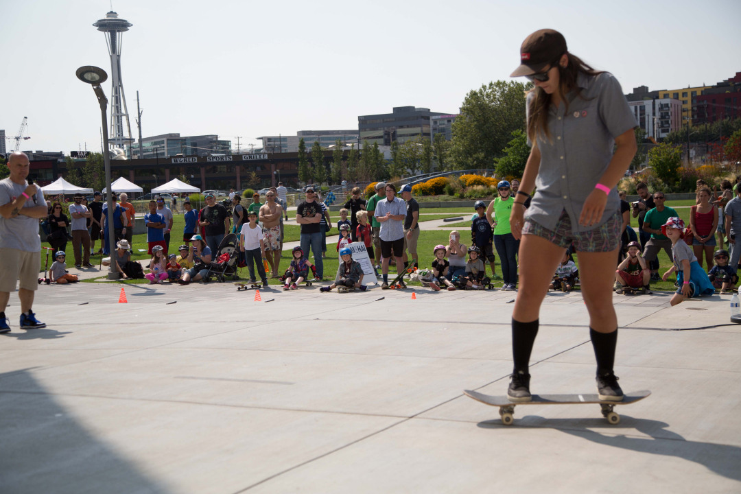 Marshall Reid narrates as Kristin Ebeling demonstrates various skateboard tricks.