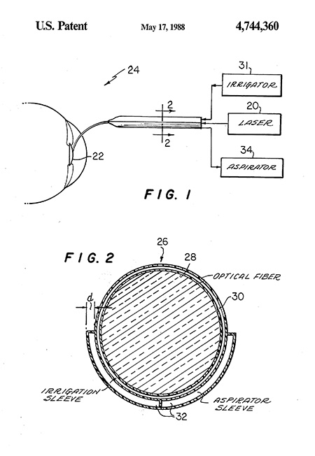 Line drawings from patent showing laser, optical fiber, etc.