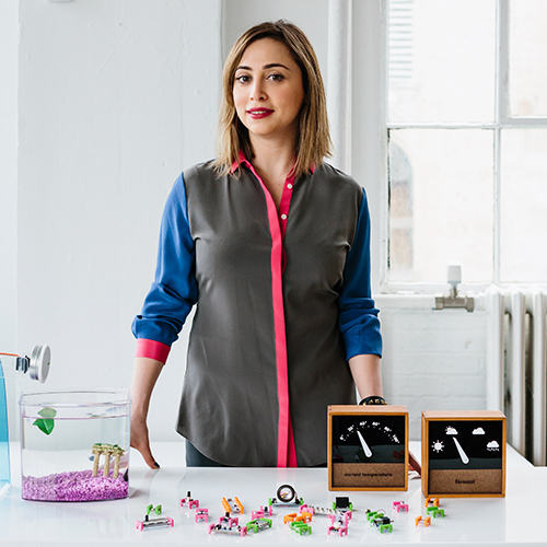 Bdeir standing behind table with littleBits components displayed