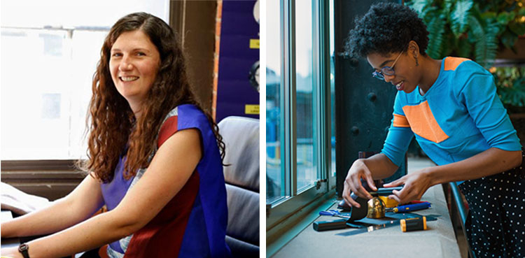 Composite image. On the left, Theresa Dankovich sits at her desk, smiling at the camera. On the right, Madison Maxey works on one of her e-textile creations.