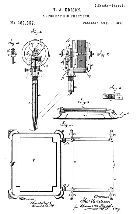 Drawing from Thomas Edison's patent for &quot;autographic printing,&quot; 1876