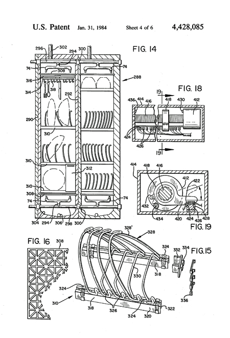 Line drawing of dishwashing closet in self-cleaning house from US Patent 4,428,085