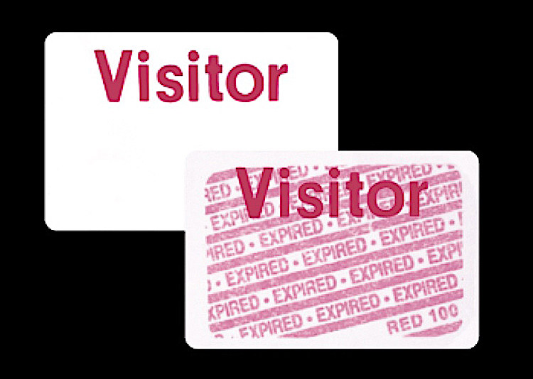 Two badges marked “Visitor,” one with white background and one with “Expired” in red bars across the badge