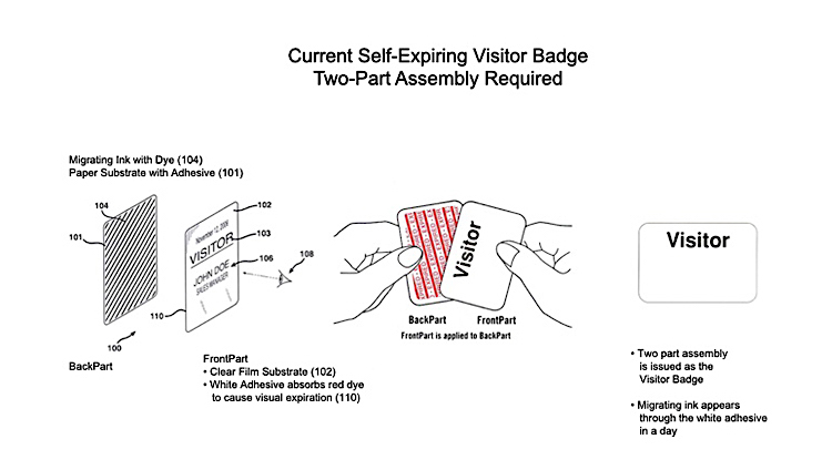 Diagram showing two-part assembly of the self-expiring visitor badge