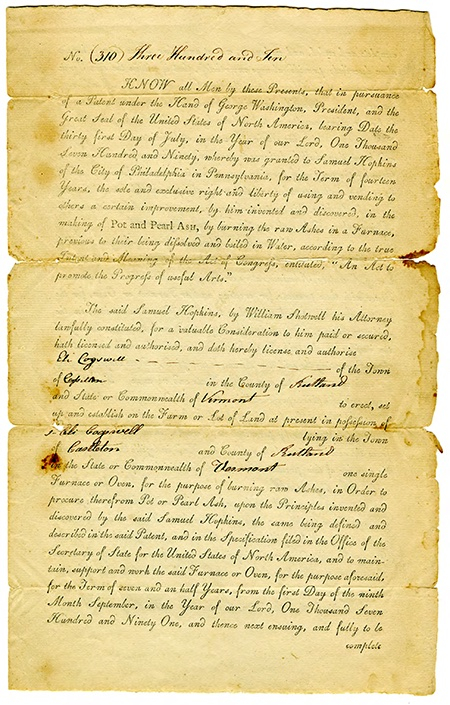 Yellowed first page of license for Samuel Hopkins patent