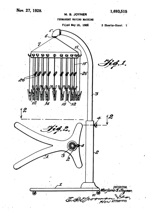 First page of drawings from US Patent 1,693,515 received by Marjorie Stewart Joyner on 27 November 1928. Figure 1 shows a floor-standing machine with a suspended hood at the top. Numerous wires and hair clips dangle from the hood. Figure 2 is a detail of the rolling base for the machine.