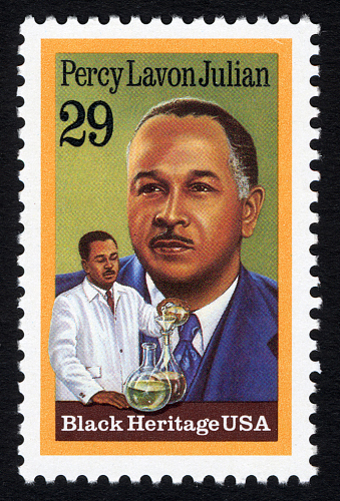 Color 29-cent US postal stamp captioned Black Heritage USA features a head-and-shoulders portrait of Percy Lavon Julian, with an inset in the lower left corner of Julian pouring a chemical through a filter into a flask, with a second flask in foreground.