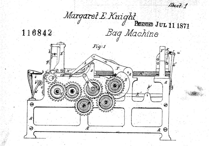 Figure 1 of Margaret Knight’s original patent for a machine to make square-bottom paper bags show 6 geared, intersecting rollers on a metal frame. A horizontal bed and an articulated arm move the paper through the bag-making process.