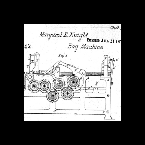 Detail of Figure 1 of Margaret Knight’s original patent for a machine to make square-bottom paper bags show 6 geared, intersecting rollers on a metal frame. A horizontal bed and an articulated arm move the paper through the bag-making process.