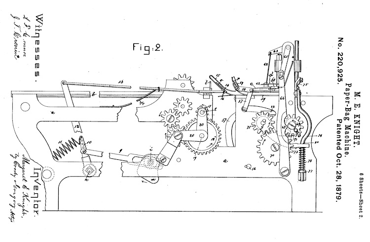 Figure 2 of Margaret Knight’s second patent for an improved paper bag making machine shows 2 sets of 3 gears attached by articulated arms and springs to a frame and horizontal bed where the paper is moved through the bag making process.