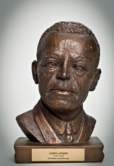 A 1967 bust by artist Inge Haridson of Lewis Latimer, made of plaster, paint, metal, paper, adhesive, and felt