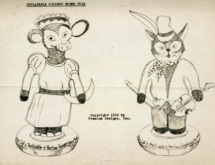 Drawing for Hey Diddle Diddle inflatable toys, 1966, showing the cat and the fiddle and the cow