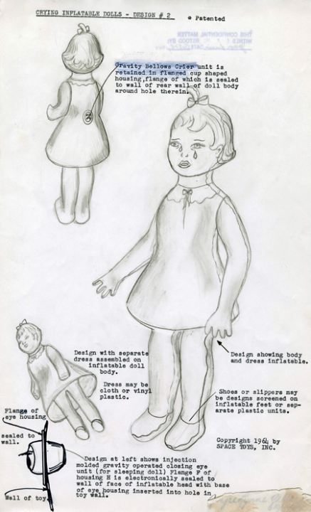 Drawings and instructions for inflatable crying doll, 1964