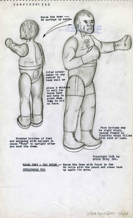 Drawings and instructions for Tough Tony inflatable boxer doll, 1964