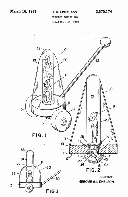 Drawings showing Popeye-like figure for US Patent 3,570,174, Wheeled Action Toy, 1971