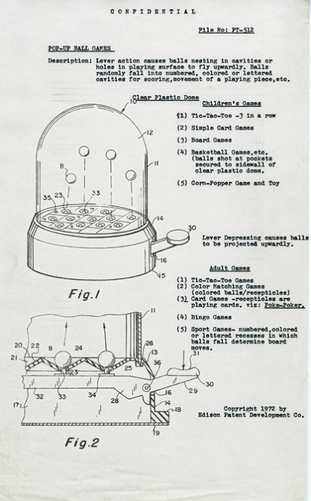 Drawings with instructions for children's and adult pop-up ball games, 1972