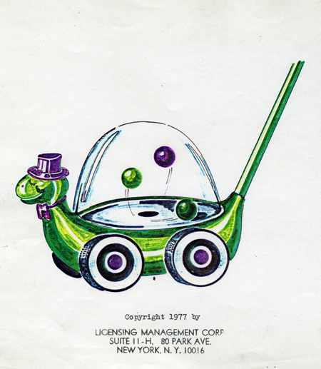 Color drawing for turtle popper push toy, 1977. Smiling turtle is wearing a top hat and bow tie.