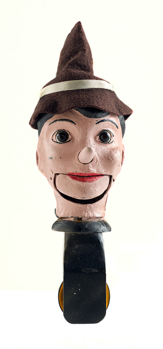 Prototype for Pinocchio-like spring-head toy with articulated jaw and nose, 1982–1983