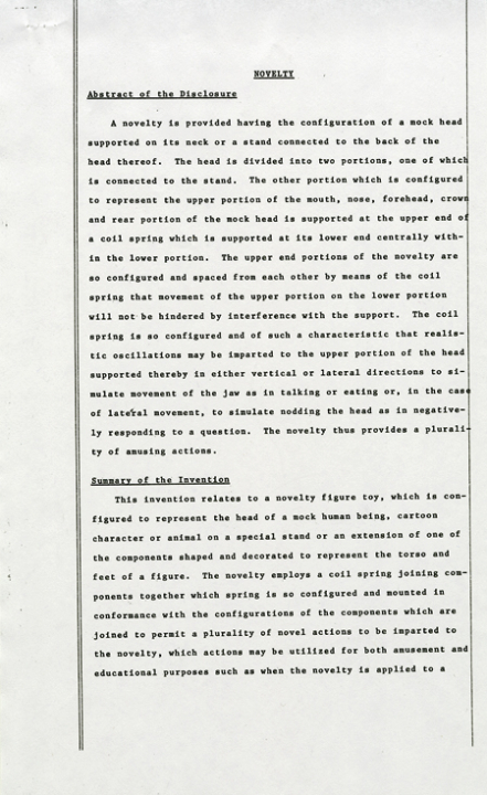 Typescript draft patent specification for spring-head toy, 1982–1983