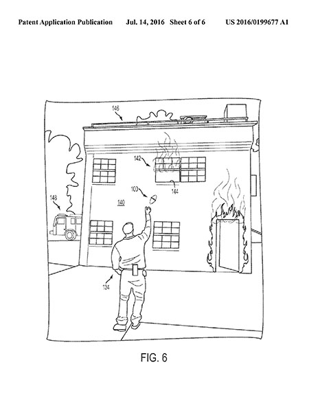 Figure from patent application showing person throwing smoke kit to someone on the second floor