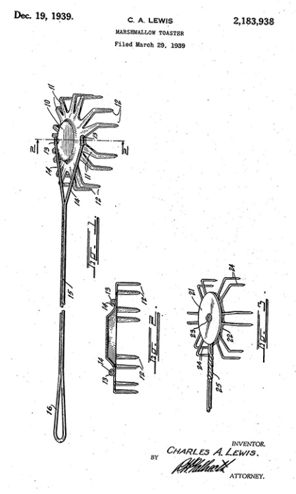 Patent line drawings of a long handled utensil with several prongs for holding marshmallows