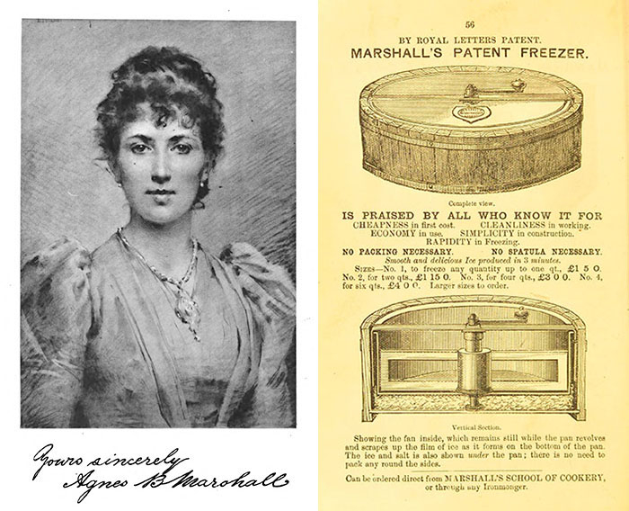 Composite image: left, book frontispiece showing an elegantly dressed Agnes Marshall; right, ad for Marshall’s Patent Freezer