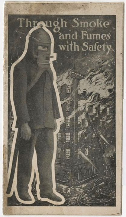 Pamphlet cover picturing a man wearing Morgan’s gas hood, set against the background of a burning building