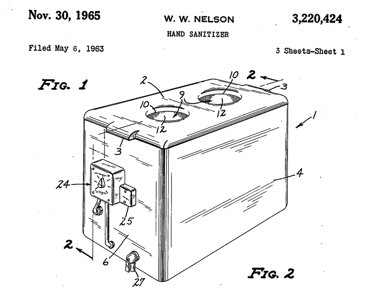 Patent drawings showing a hand sanitizer apparatus