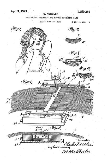 Patent drawing showing, in part, a woman affixing an artificial eyelash