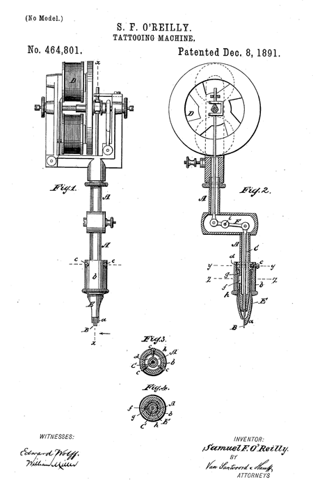 Drawing from Samuel O'Reilly patent for s &quot;tattooing machine,&quot; 1891