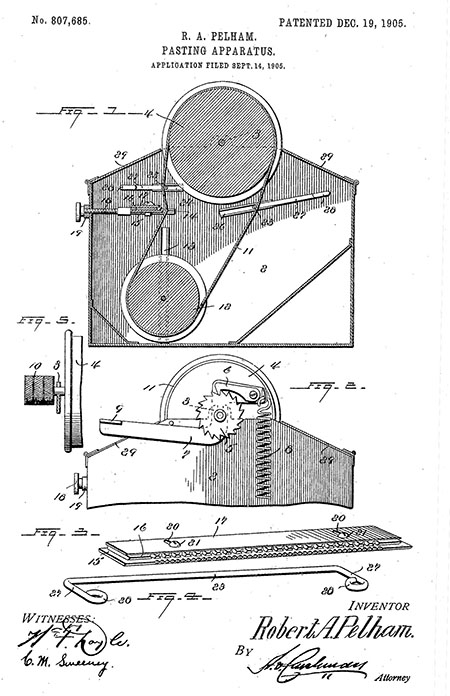 Figures of wheels, pulleys, gears, and levers from on page 1 of US Patent 807,685