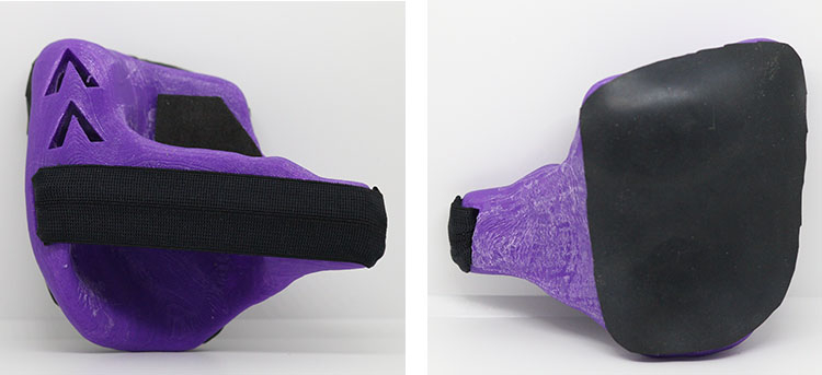 Front and back of a purple-and-black racing glove