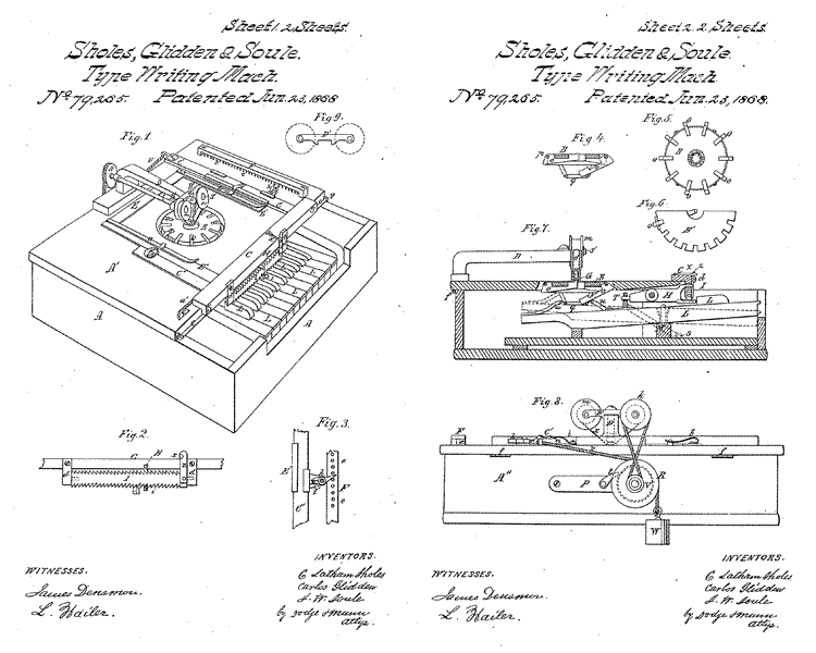 Figure 1 in Sholes, Glidden, and Soule US Patent 79,265 (1868) shows 21 keys