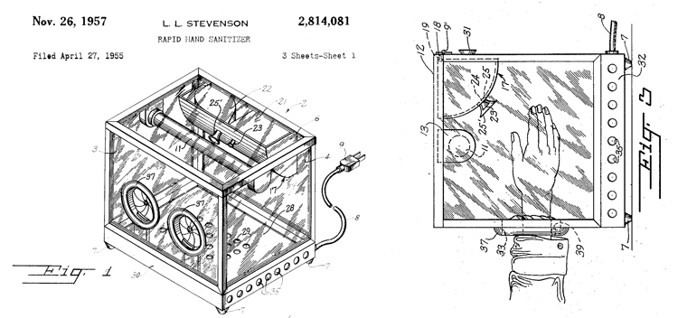 Patent drawings showing a hand sanitizer box and illustrating a user inserting hands into the apparatus