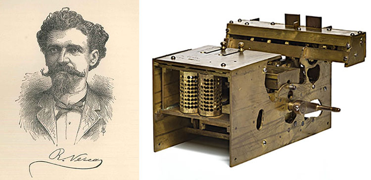 Composite image, with portrait of Verea on left and metal patent model on right