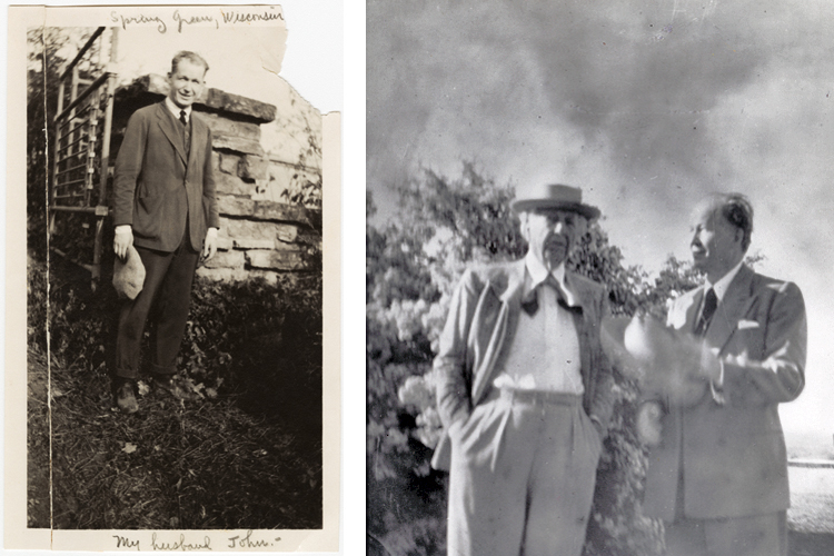 2 photos: left, a snapshot of John Lloyd Wright wearing a casual suit, sweater vest, and tie and holds a cap in his hand, standing in front of a log cabin; right, an older JL Wright stands with his father Frank Lloyd Wright outdoors in a candid snapshot.