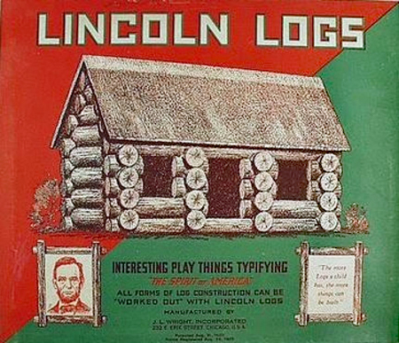 Lincoln Logs box cover with a green and red background and a log cabin, a portrait of Abraham Lincoln, and inset text : “The more Logs a child has, the more things can be built. . . . All forms of log construction can be worked out with Lincoln Logs.”