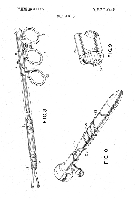 3 figures from Dr. InBae Yoon US patent 3,870,048 showing parts of his tool for minimally-invasive tubal ligations.
