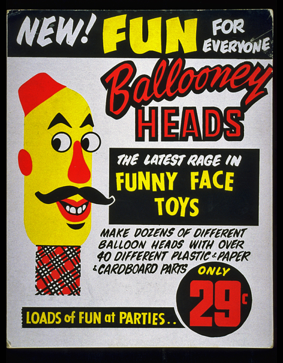 Advertising material for Ballooney Head inflatable toys, late 1960s–1970s