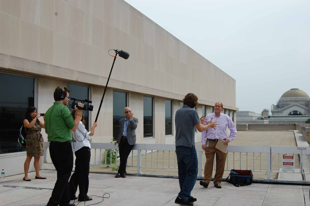 Rodney Mullen being interviewed on the roof terrace of the National Museum of American History