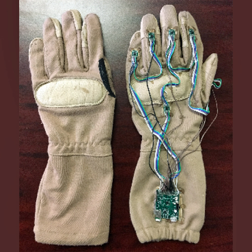 Front and back of NuGlove instrumented gesture recognition glove