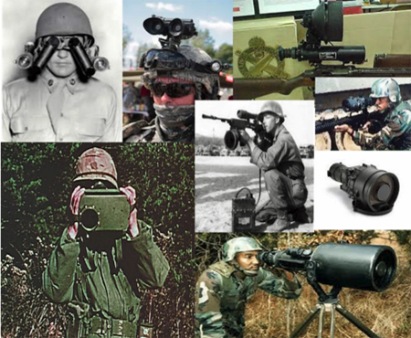 Collage of photos illustrating the history of night vision technology