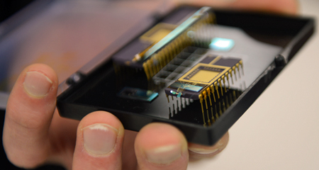 Hand holding circuit board with a micro-robotic fly wing on it