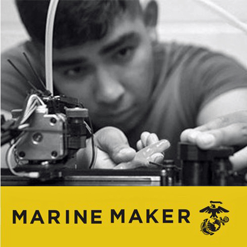 Logo for the Marine Maker Initiative, with photo of young boy using a 3D printer