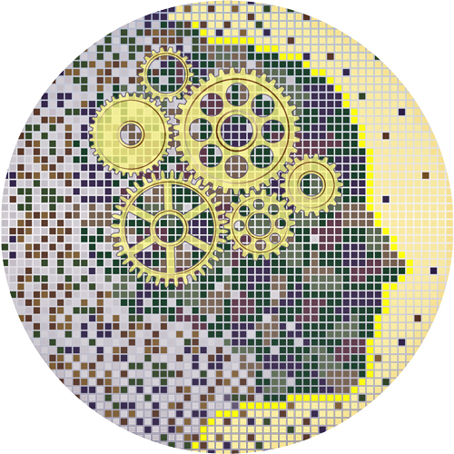 Military Invention Day logo: a pixelated head in profile surrounded by icons representing inventions  