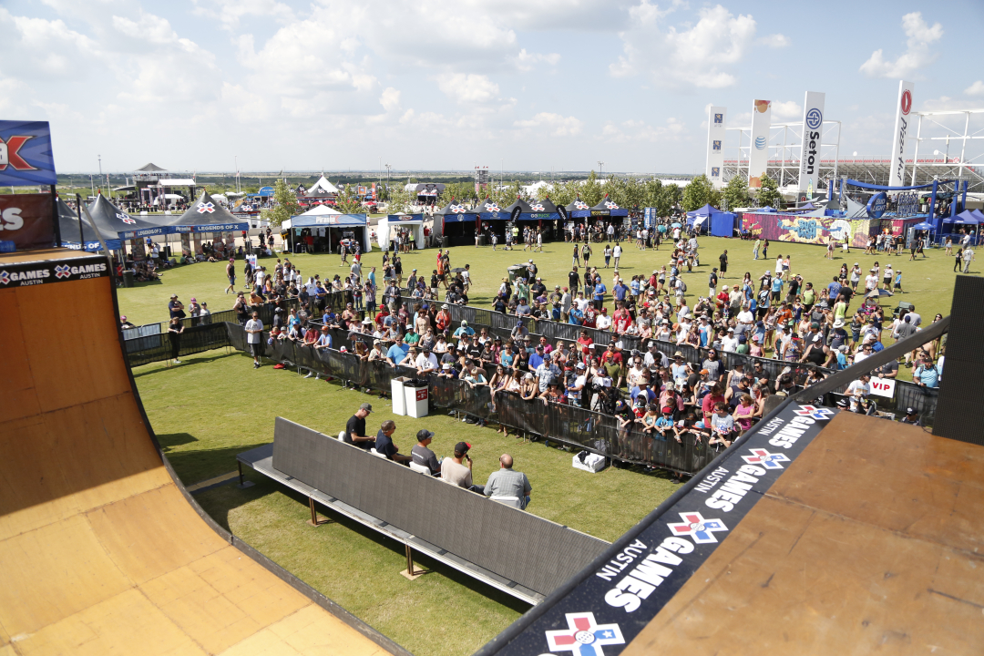 Aerial view of crowd at X Games vert ramp for Innoskate panel featuring Tony Hawk and Bob Burnquist