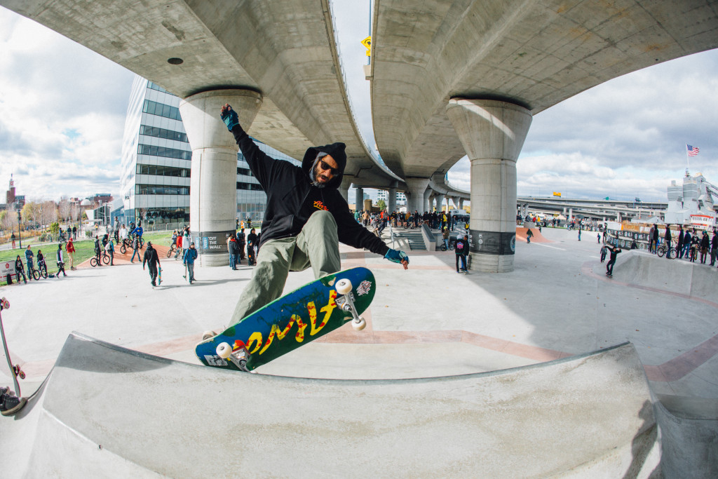 Vans pro skater Tony Alva skates the transition at the opening of the Lynch Family Skatepark.