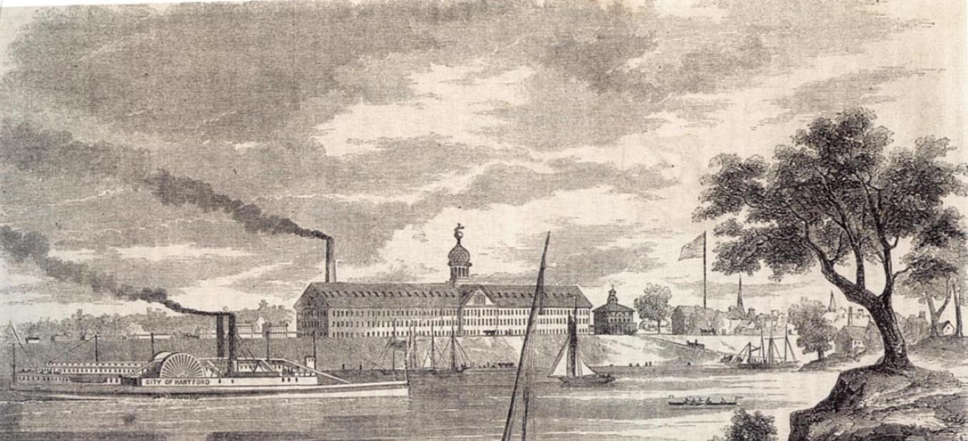 Armory of the Colt’s Patent Fire-Arms Manufacturing Company in Hartford, from across the Connecticut River. 