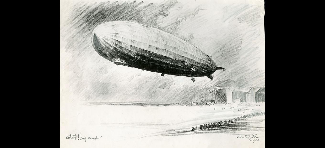 Impressionistic black-and-white sketch of a blimp in flight